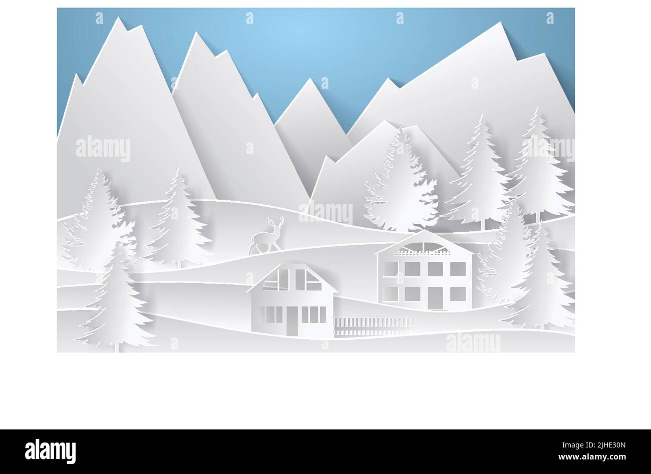 Paesaggio invernale in stile cartaceo. Montagne, alberi e case. Cartolina di carta tagliata a strati. Illustrazione vettoriale Illustrazione Vettoriale