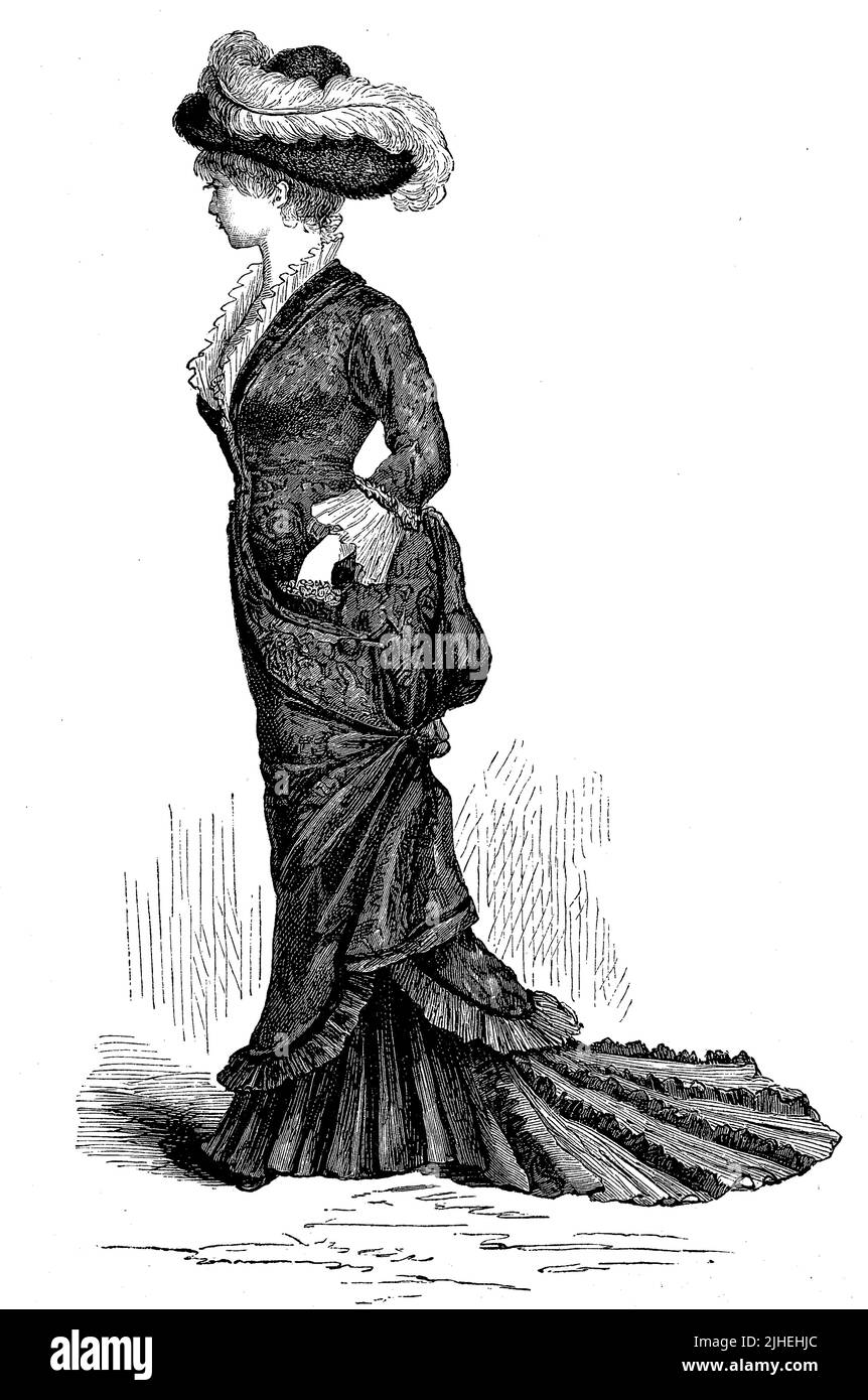 Frau, Verkäuferin in einem Ladengeschäft nach ihrem Geschäftszweig, Kleidung am Sonntag Nachmittag / Donna, commesso in un negozio al dettaglio secondo la sua linea di attività, vestiti la Domenica pomeriggio, Historisch, storico, digitale migliorata la riproduzione di un originale dal 19th centu, genaues Originaldatum nicht bekannt Foto Stock