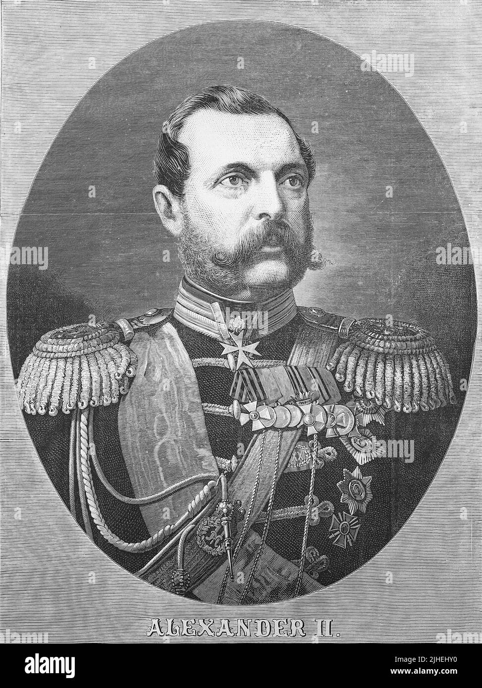 Alessandro II. Nikolajewitsch, 29. Aprile 1818 - 13. März 1881, 1855 bis 1881 Kaiser von Russland aus dem Haus Romanow-Holstein-Gottorp / Alexander II Nikolaevich, 29 aprile 1818 - 13 marzo 1881, imperatore di Russia dal 1855 al 1881 dalla Casa di Romanov-Holstein-Gottorp, Historisch, storico, digitale riproduzione migliorata di un originale dal 19th centu, Genaues Originaldatum nicht bekannt Foto Stock