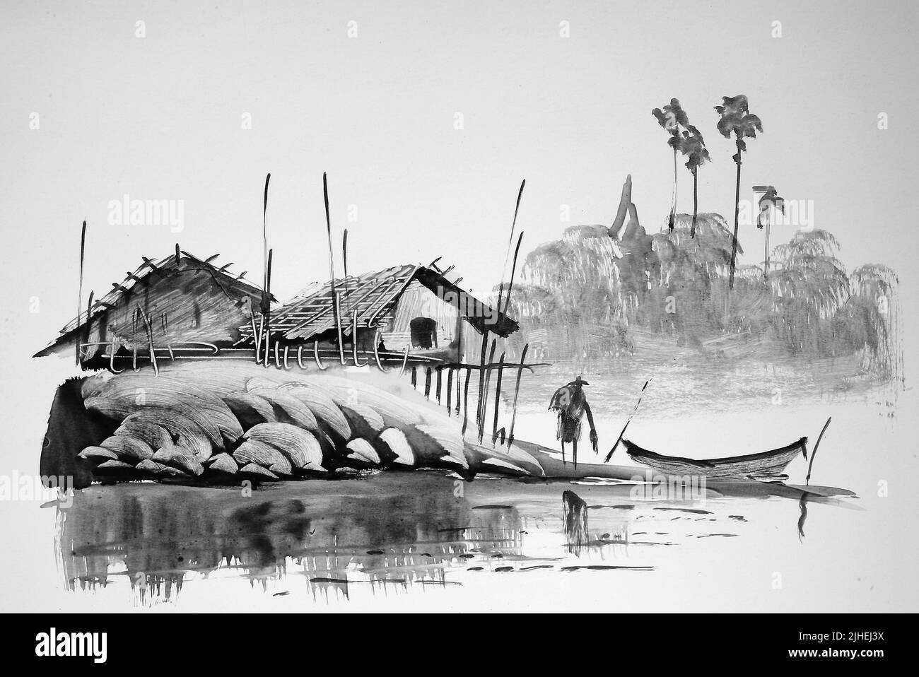 Fischer kehrt mit seinem Fang Zurück, Hütte, Historiische Landschaft in Südostasien, Lackbild aus dem 19. Jahrhundert aus Laos / Fisherman ritorna con la sua cattura, capanna, paesaggio storico nel sud-est asiatico, 19th secolo pittura lacca dal Laos, Historiisch, storico, digitale migliorata la riproduzione di un originale dal 19th centu, genaues Originaldatum nicht bekannt Foto Stock