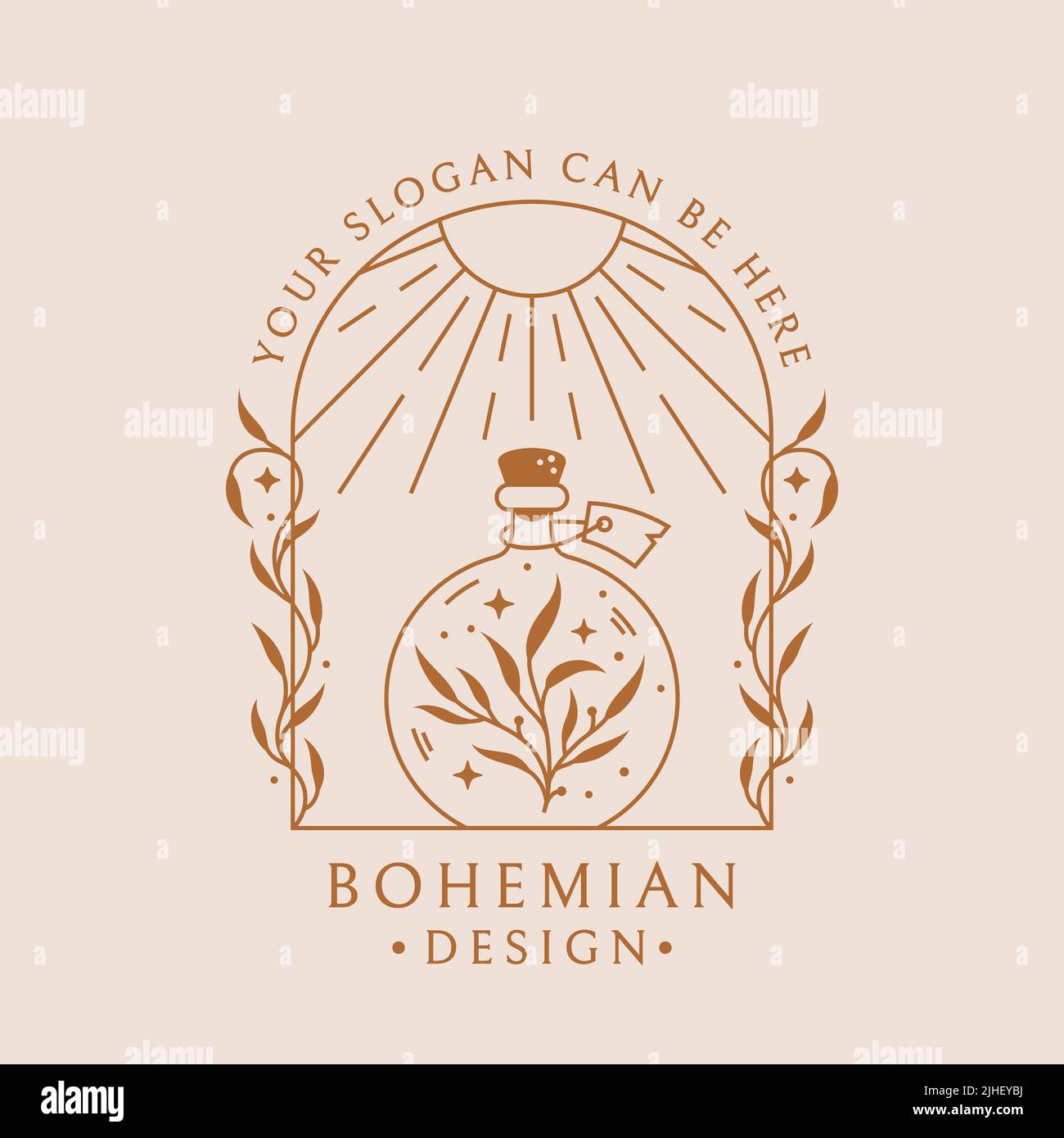 Pozione boho logo. Emblema alla moda per la guarigione botanica, erbe medicinali, omeopatia, aromaterapia, oli essenziali, Prodotto di bellezza naturale, ecc Vector Illustrazione Vettoriale