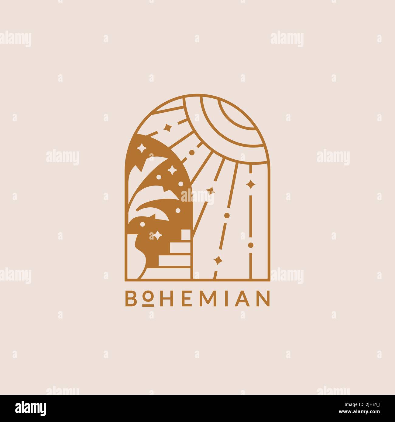 Logo Boho. Disegno isolato vettoriale con sole, stelle e pianta. Forma ad arco. Emblema di linea alla moda per il boho hotel, studio yoga, pratiche alternative di guarigione Illustrazione Vettoriale