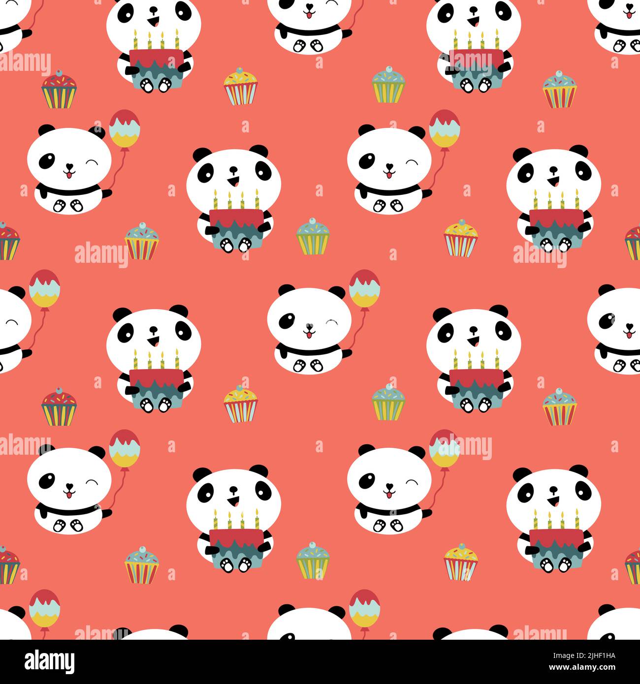 Kawaii panda felice compleanno vettore senza cuciture pattern sfondo. Sfondo carino con ridenti orsi cartoni animati che tengono torte, palloncini, cupcake. Luminoso Illustrazione Vettoriale