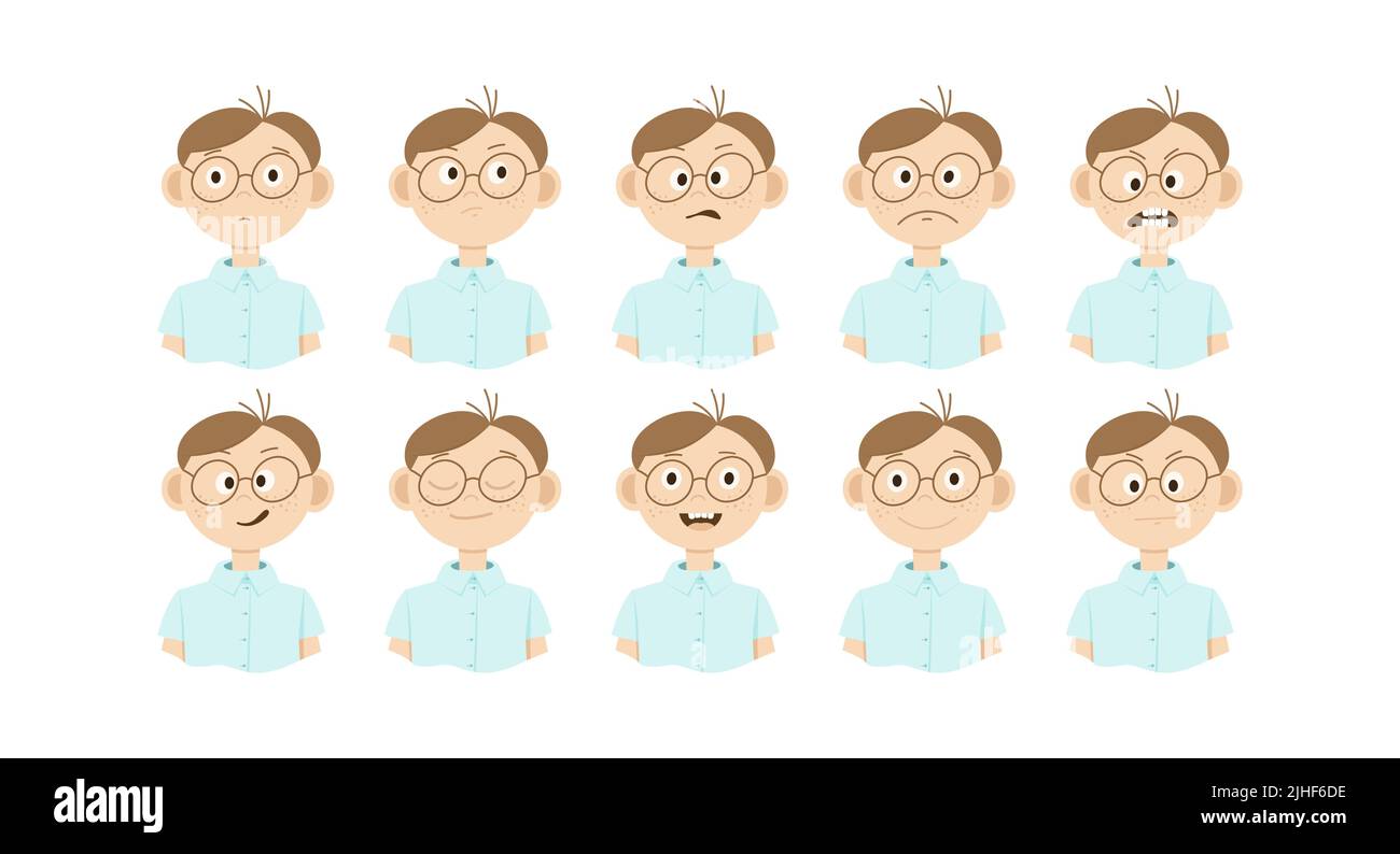 Una serie di disegni di un uomo cartoon in occhiali con diverse emozioni sul suo volto. Stile Doodle Illustrazione Vettoriale