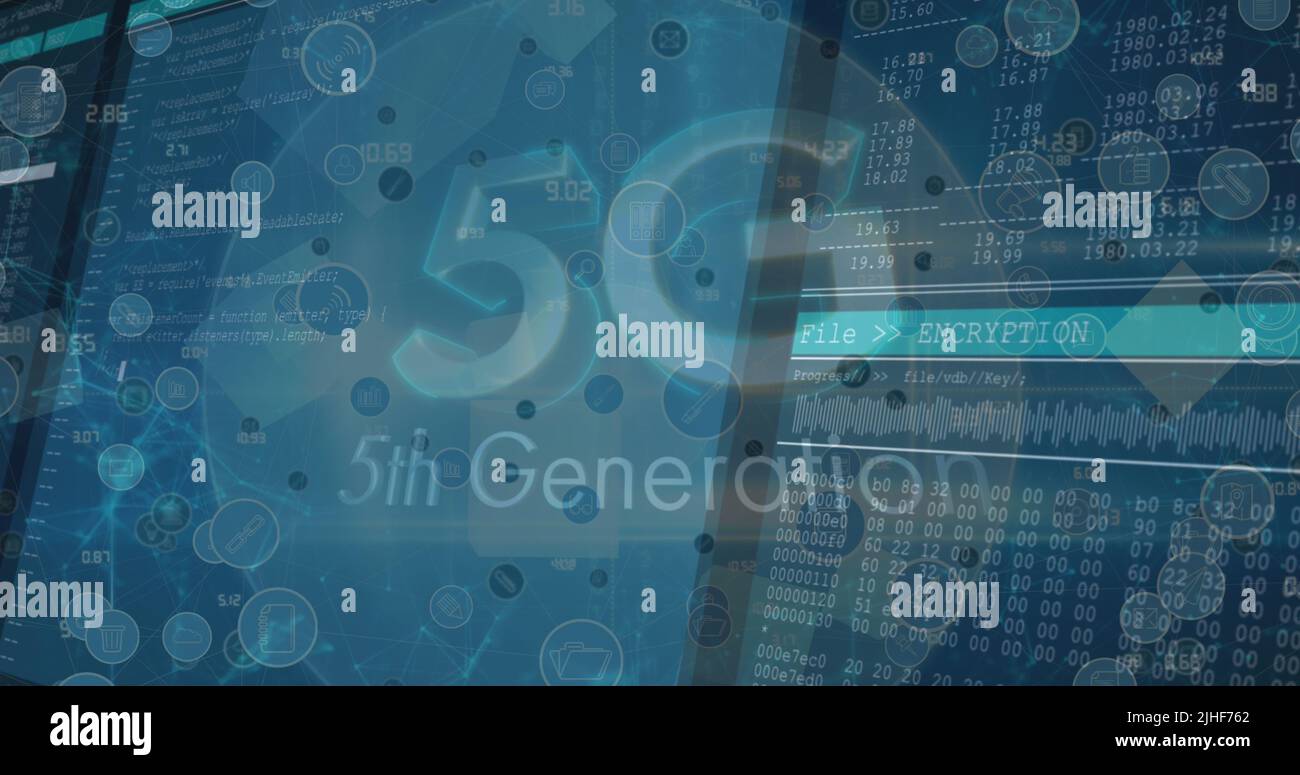 Immagine del testo 5g e della rete di connessioni con icone sull'elaborazione dei dati Foto Stock