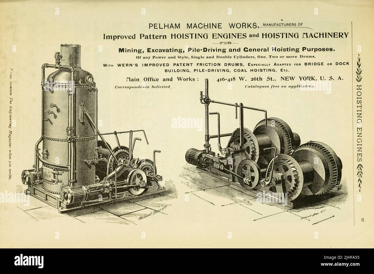 Pelham Machine Works, Improved Pattern Hoisting Engines and Hoisting Machinery from advertising in ' Factory and industrial management Magazine ' Volume 6 1891 Publisher New York [etc.] McGraw-Hill [ecc.] Foto Stock