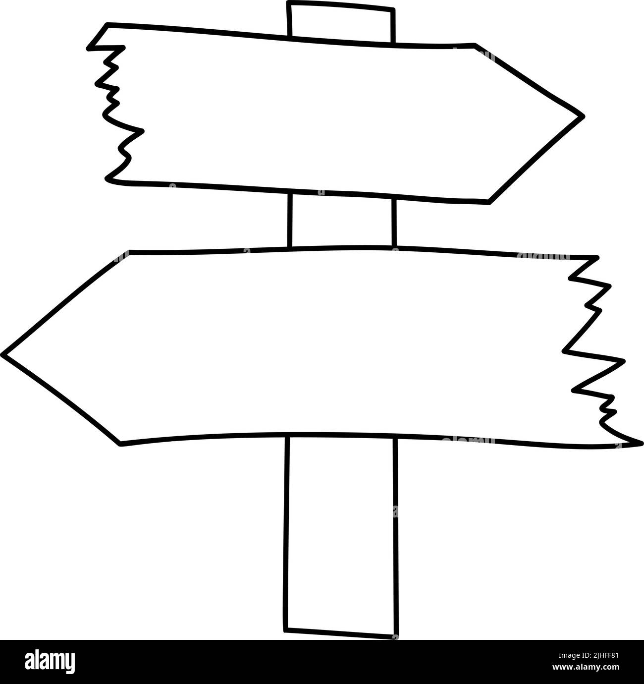 Disegno a mano vettore di legno freccia segni bordo linea. Illustrazione legno cartelli asse strada doodle stile con luogo per il testo Illustrazione Vettoriale