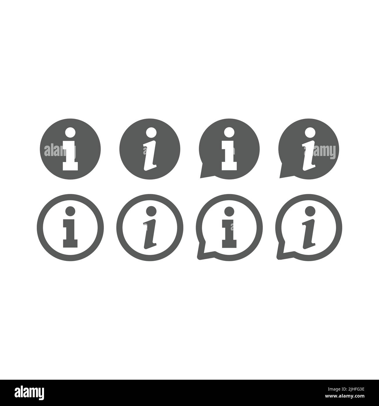 Set di icone del vettore informazioni. Pulsante informazioni o guida in forma di fumetto, icone piene e delineate. Illustrazione Vettoriale