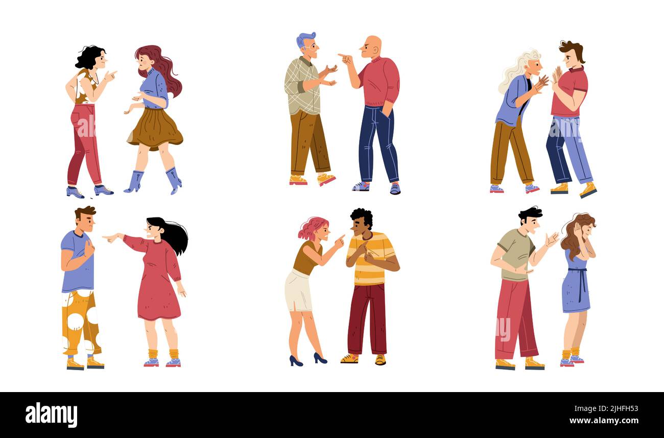 Coppie e amici litigano e discutono. Concetto di conflitto, cattive relazioni. Illustrazione piatta vettoriale di diversi uomini e donne arrabbiati disputa e discutere isolato su sfondo bianco Illustrazione Vettoriale