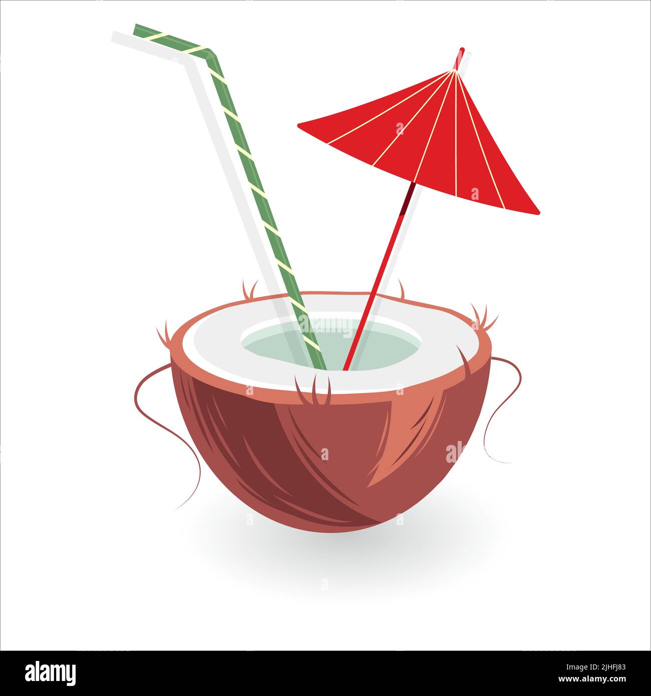 Cocktail esotico in una conchiglia di cocco con un ombrello e paglia in tonalità alla moda. Utile per volantini, volantini, stampe e motivi. Illustrazione Vettoriale