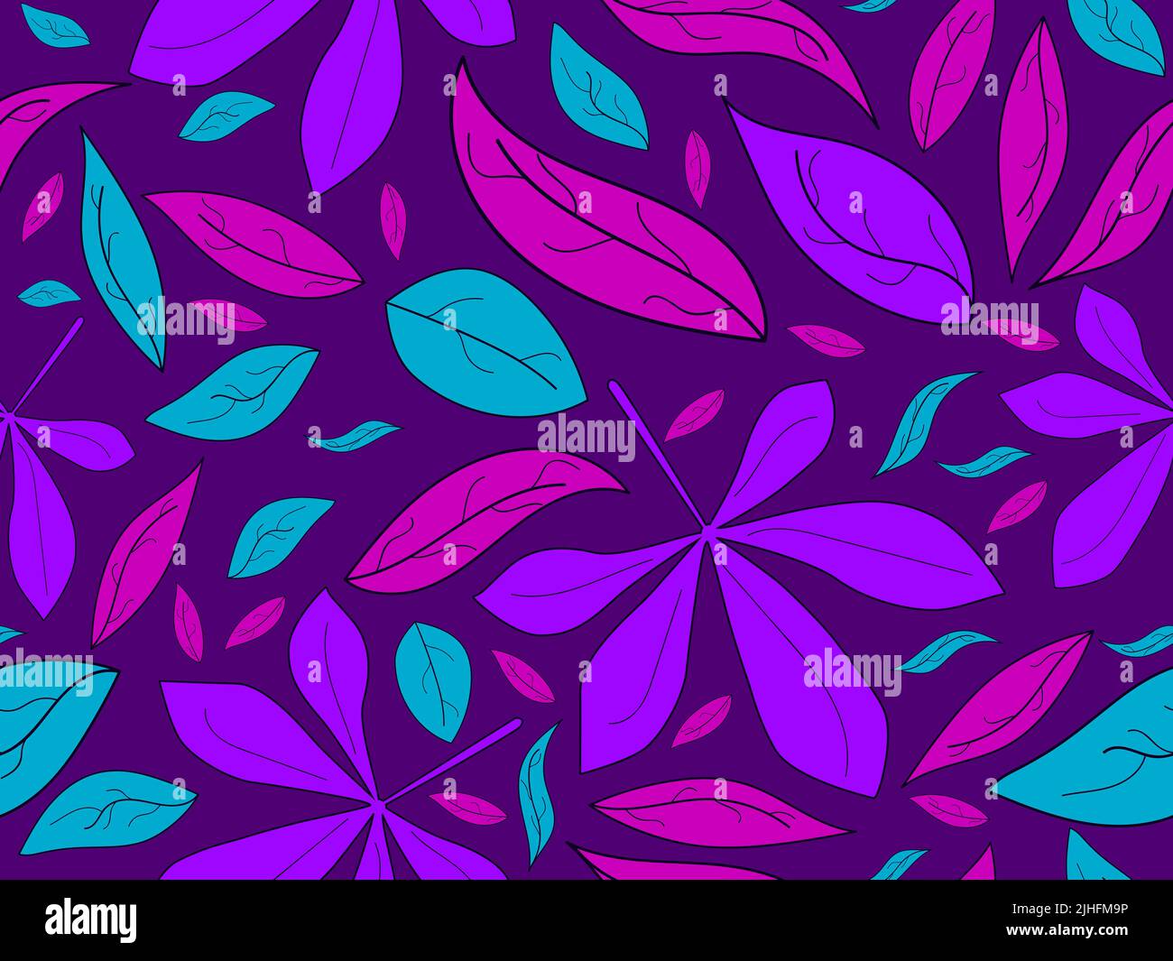 Quercia lascia senza cuciture pattern. Foglie autunnali di quercia viola e blu. Caduta di foglie, caduta di foglie. Disegno per carta da imballaggio, stampa di tessuto e promozionale Illustrazione Vettoriale