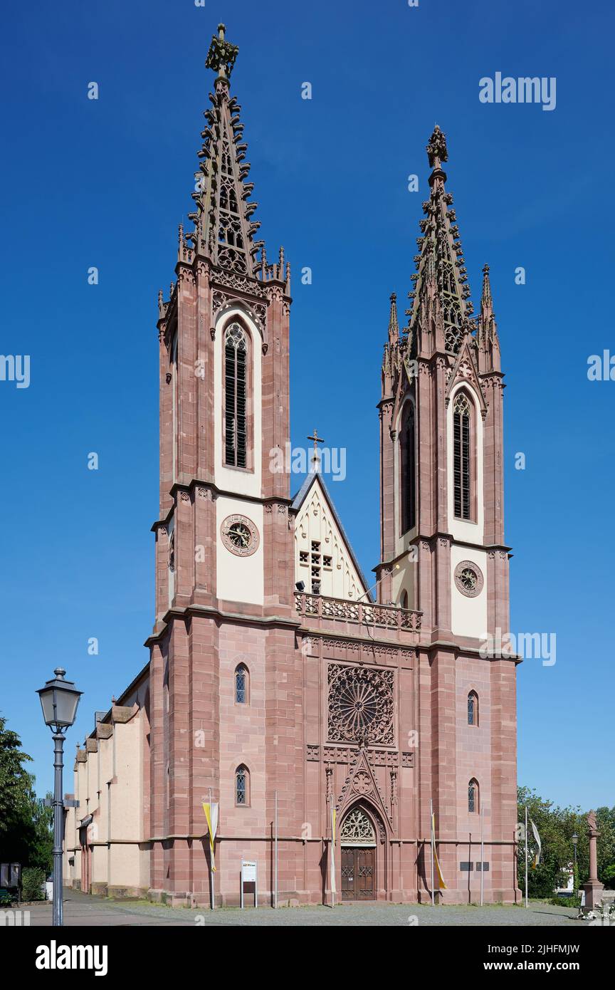 Chiesa parrocchiale di Geisenheim in Germania, conosciuta come Cattedrale di Rheingau in una chiara giornata estiva Foto Stock
