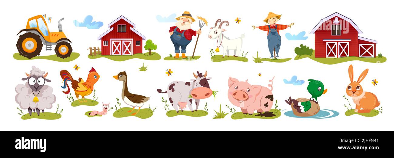 Farm set con animali carini, carattere contadino, fienile case, trattore giallo e scarabaggio su sfondo bianco. Casale in legno o stalla con cartoon divertente allevamento animali domestici illustrazione vettoriale piatto. Illustrazione Vettoriale