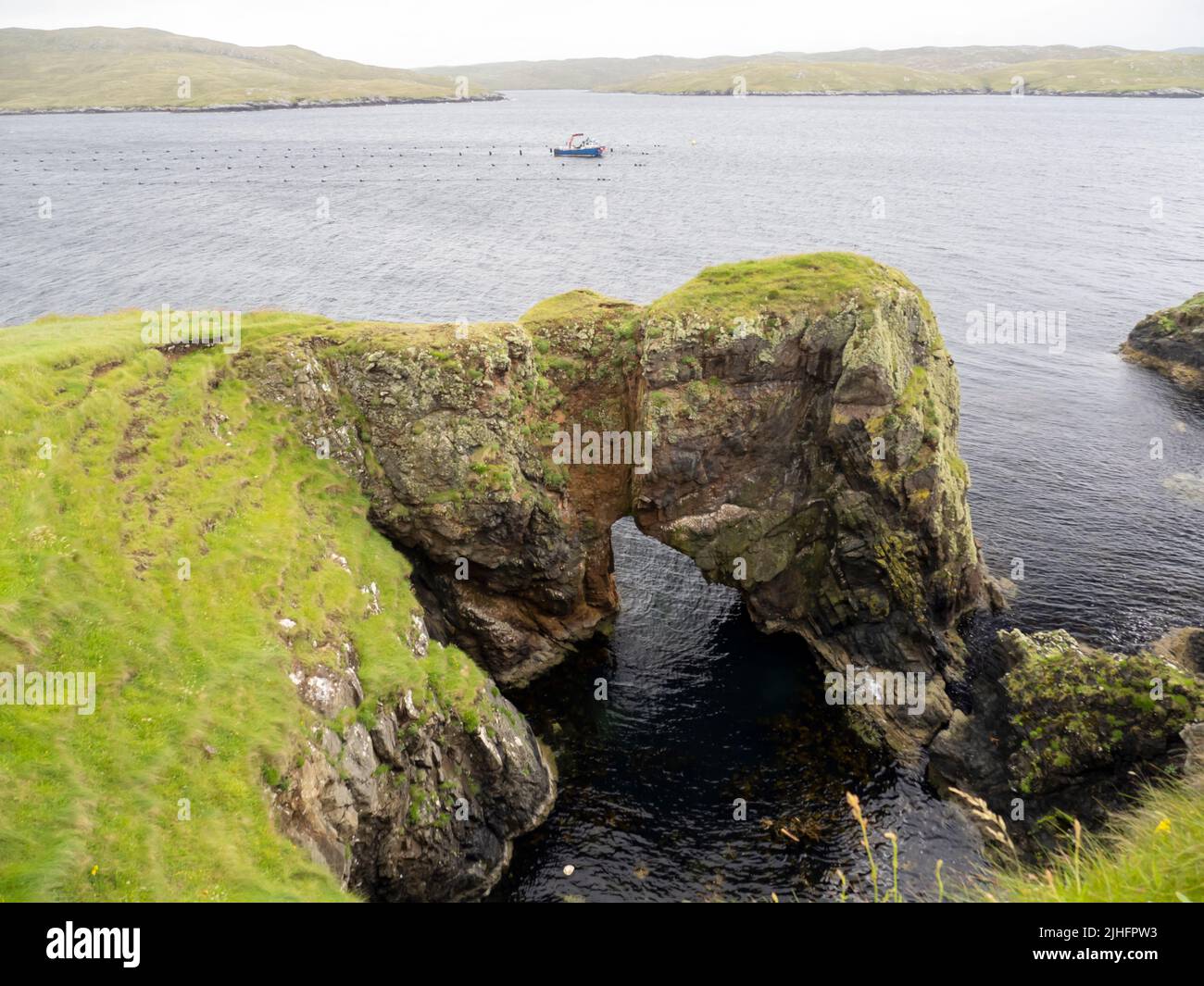 Una fattoria di Mussel a Ura Firth Off Hillswick, Mainland Shetland, Scozia, Regno Unito con un arco di mare. Foto Stock