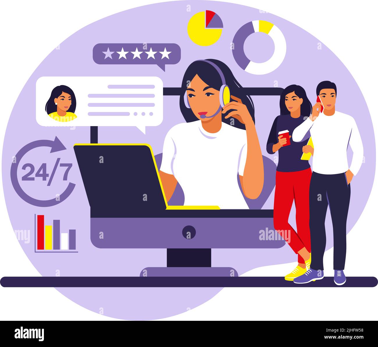 Concetto di servizio clienti. Donna con cuffie e microfono con computer portatile. Supporto, assistenza, call center. Illustrazione vettoriale. Stile piatto Illustrazione Vettoriale