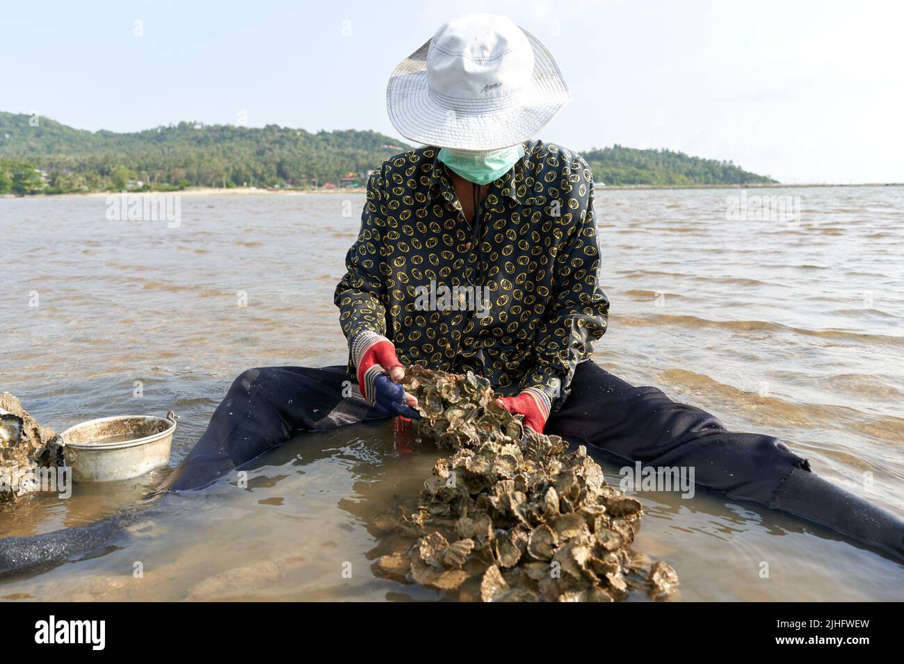Ko Phangan, Thailandia, 15 marzo 2022: Donna con una maschera che raccoglie le vongole sul mare Foto Stock