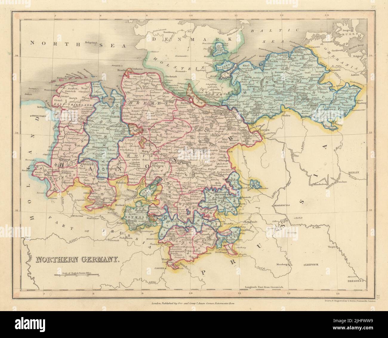 Germania settentrionale di John Dower. Hanover Mecklenburg Niedersachsen 1845 vecchia mappa Foto Stock