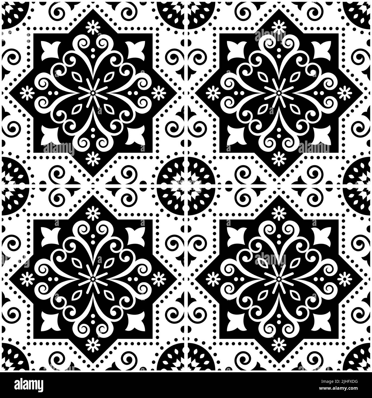 Lisbona Azulejo piastrelle senza cuciture motivo vettoriale in bianco e nero, design retrò portoghese con piastrelle geometriche Illustrazione Vettoriale