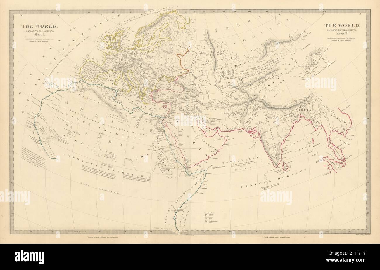 MONDO CONOSCIUTO AGLI ANTICHI. Herodotus Tolomeo Plinio Hanno. SDUK 1856 vecchia mappa Foto Stock