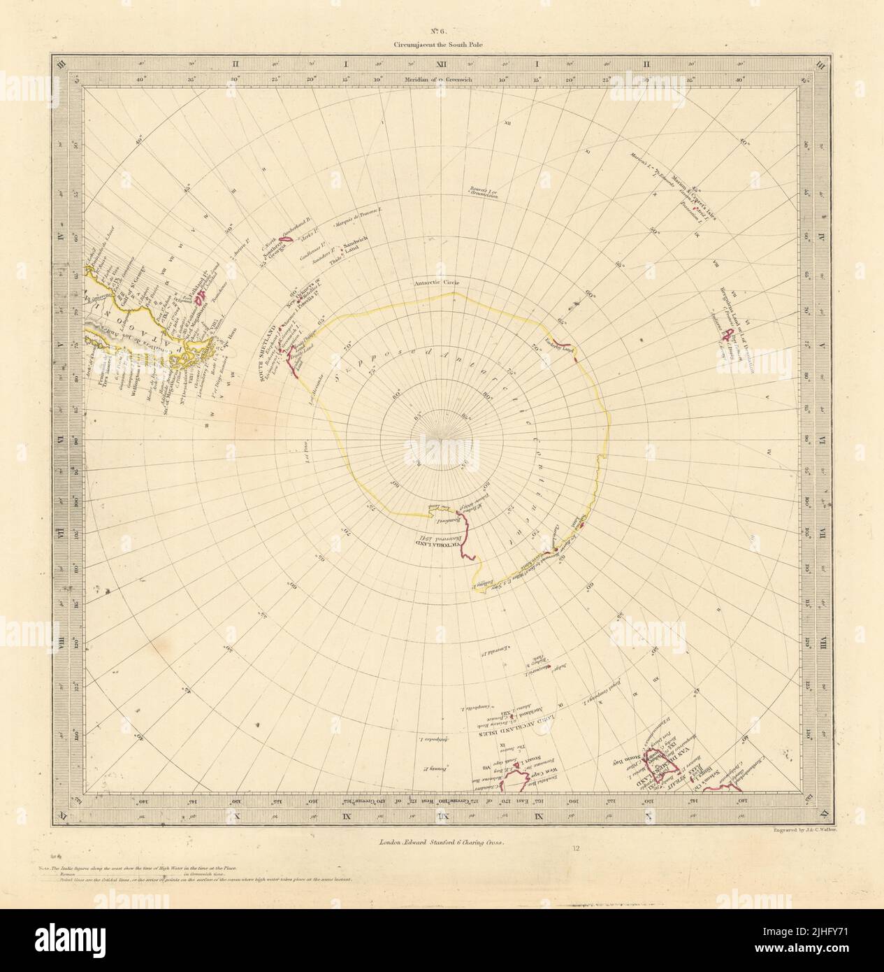 POLO SUD ANTARTICO. Proiezione gnomonica. A 45˚ S latitudine. Mappa SDUK 1856 Foto Stock