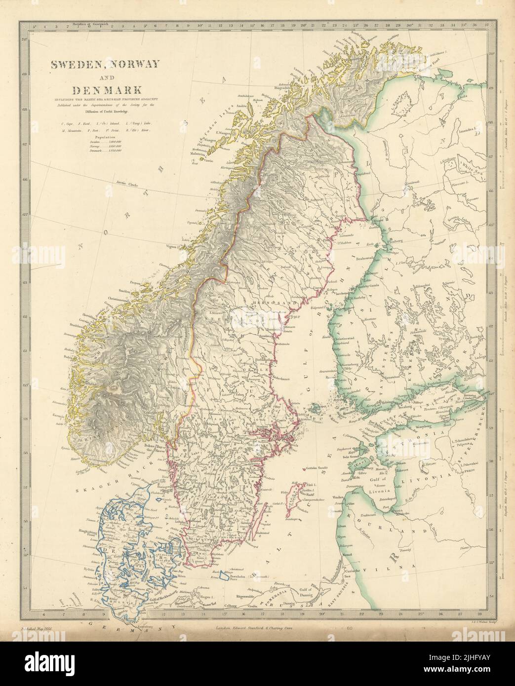 SCANDINAVIA. Svezia, Norvegia e Danimarca. Tabella popolazione. SDUK 1856 vecchia mappa Foto Stock