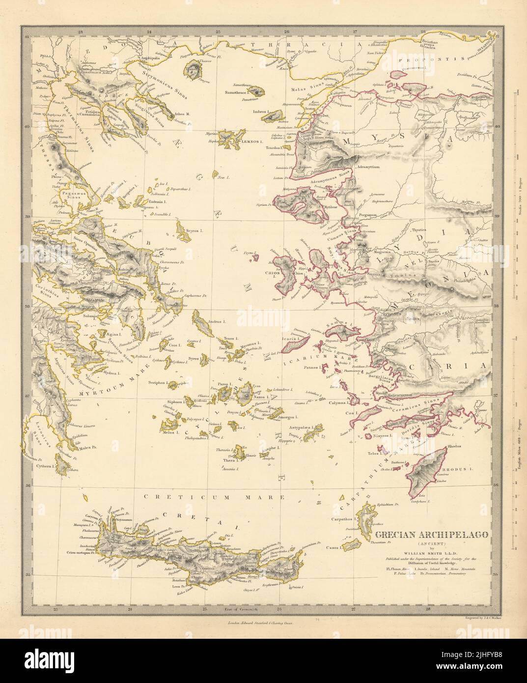 ARCIPELAGO GRECO ANTICO. Cicladi dell'Egeo Creta Dodecaneso. Mappa SDUK 1856 Foto Stock