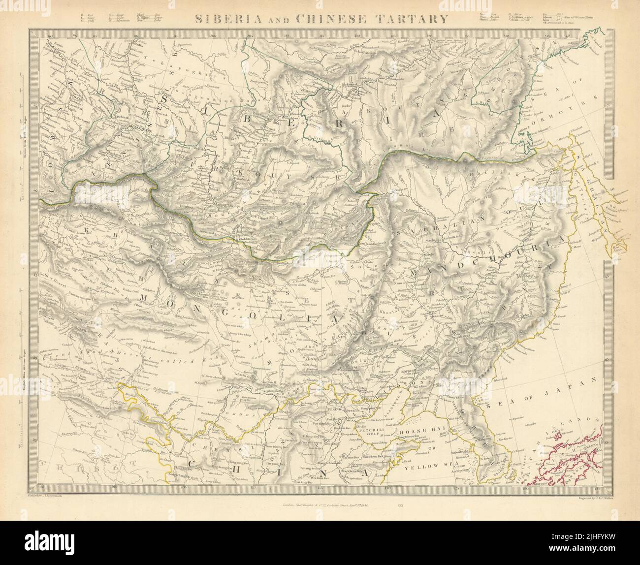SIBERIA & TARTARIO CINESE Manciuria Mongolia Corea Cina Via della Seta SDUK 1851 mappa Foto Stock