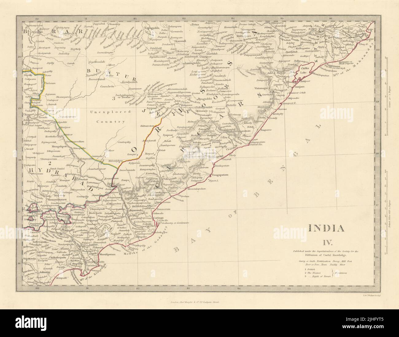 INDIA IV. Cicars bocca del Godaery Berar Hyderabad Orissa. Mappa SDUK 1851 Foto Stock
