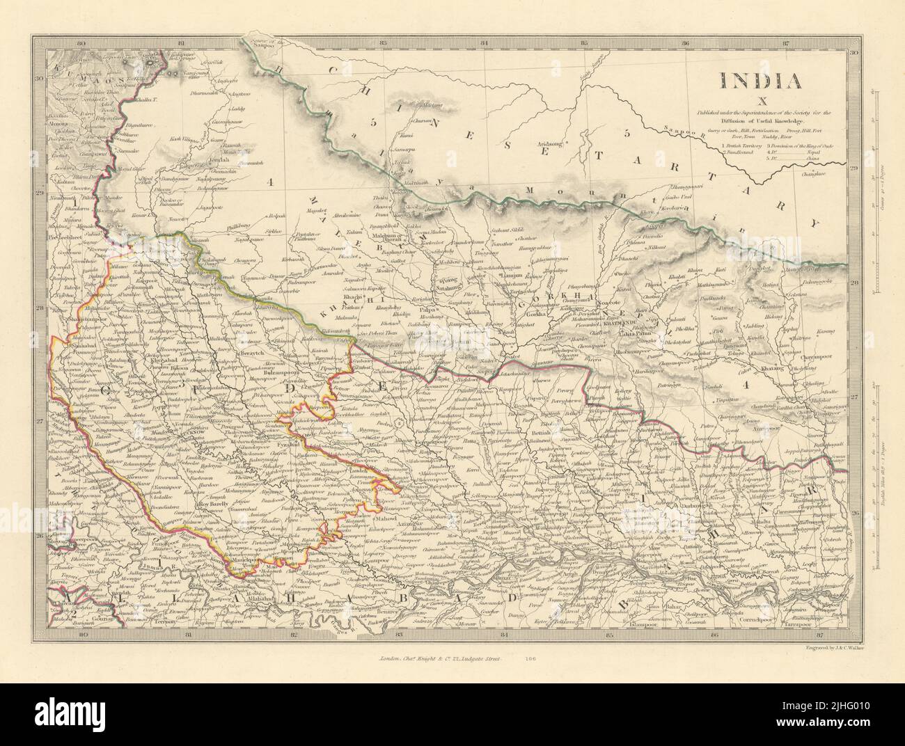 INDIA X. NEPAL E INDIA SETTENTRIONALE. Da Oude ad Allahabad. Awadh Gorkha. Mappa SDUK 1851 Foto Stock