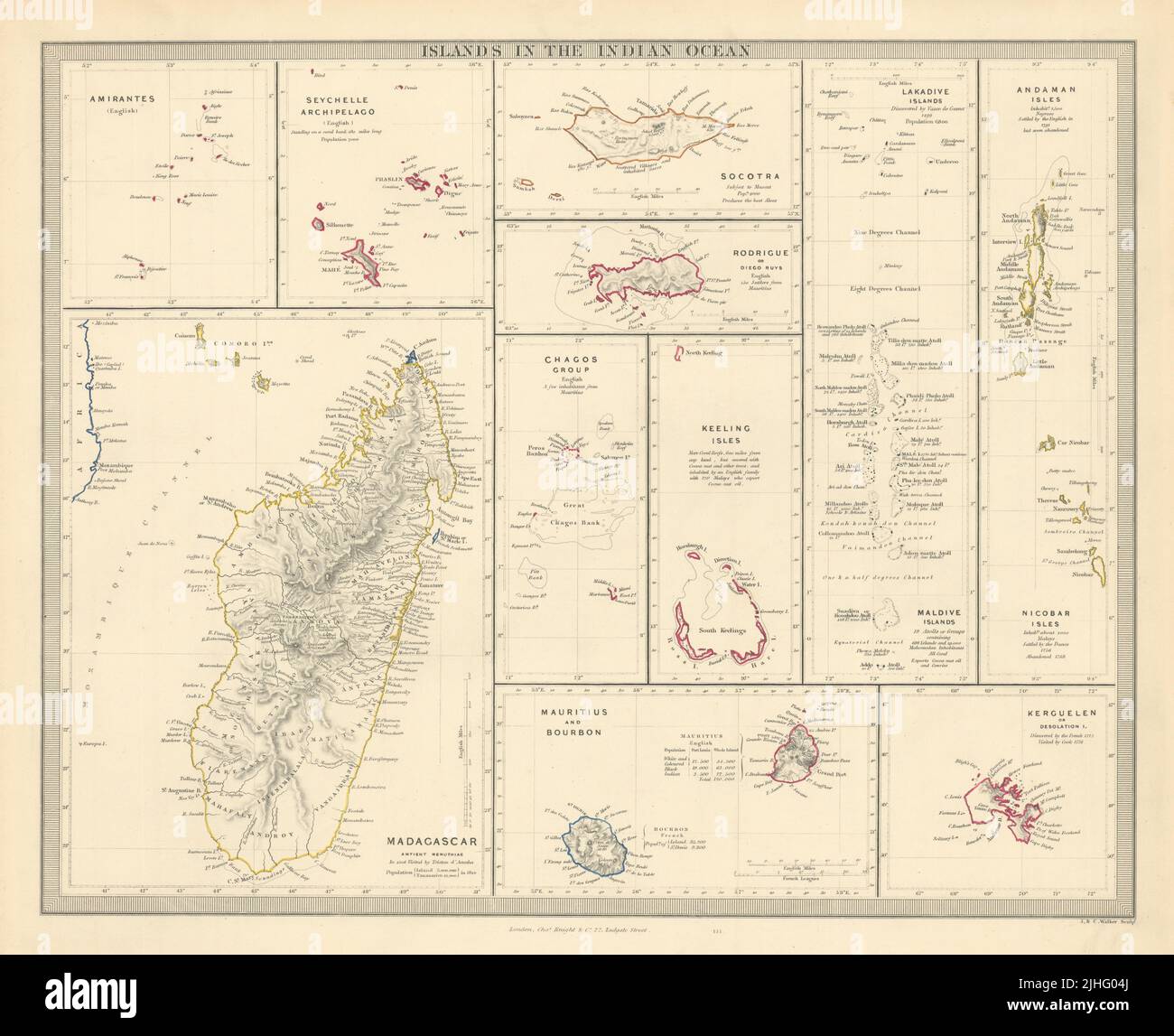 Isole DELL'OCEANO INDIANO Madagascar Seychelles Maldive Mauritius. Mappa SDUK 1851 Foto Stock