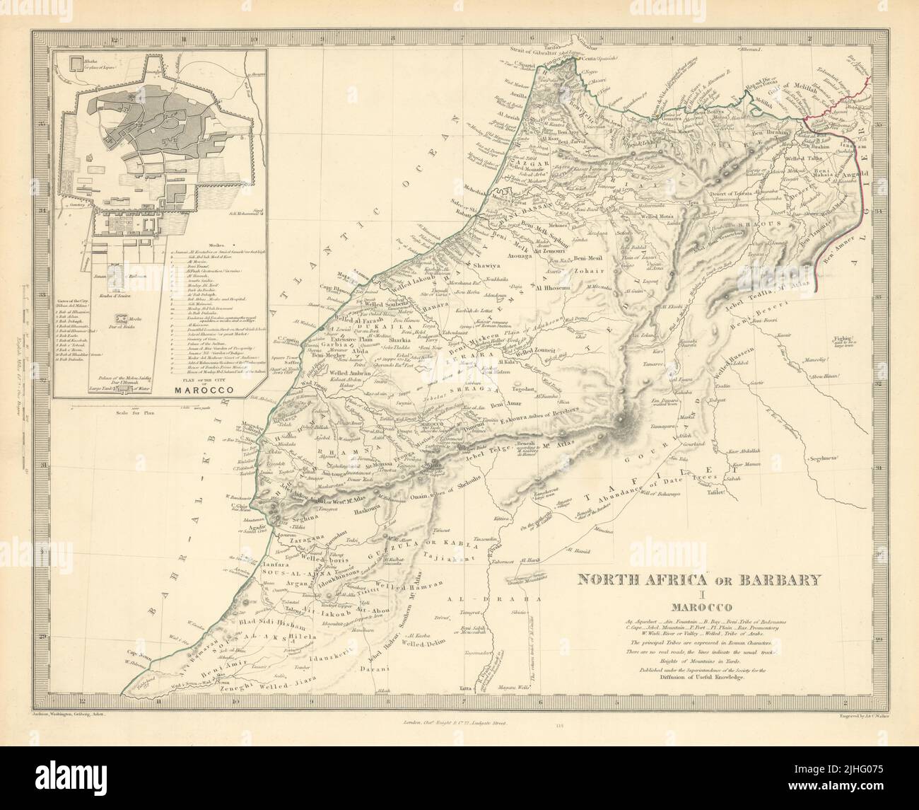 NORD AFRICA O BARBARIO I. MAROCCO. Marocco. PIANO città DI MARRAKECH. Mappa SDUK 1851 Foto Stock