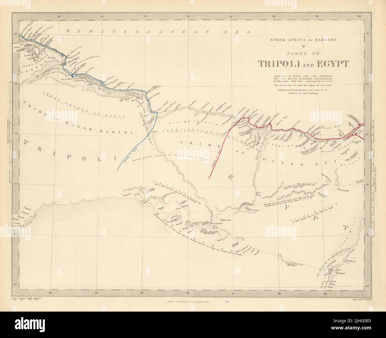 NORD AFRICA DI BABRBARY V parti di Tripoli & Egitto. Tribù libiche. Mappa SDUK 1851 Foto Stock