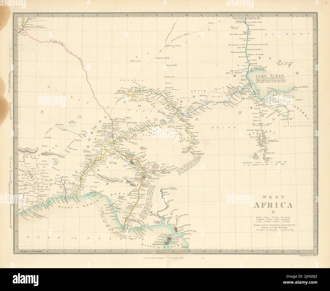 AFRICA OCCIDENTALE II. NIGERIA. Crepuscolo di Benin-Lago Chad. Yariba Houssa. Mappa SDUK 1851 Foto Stock