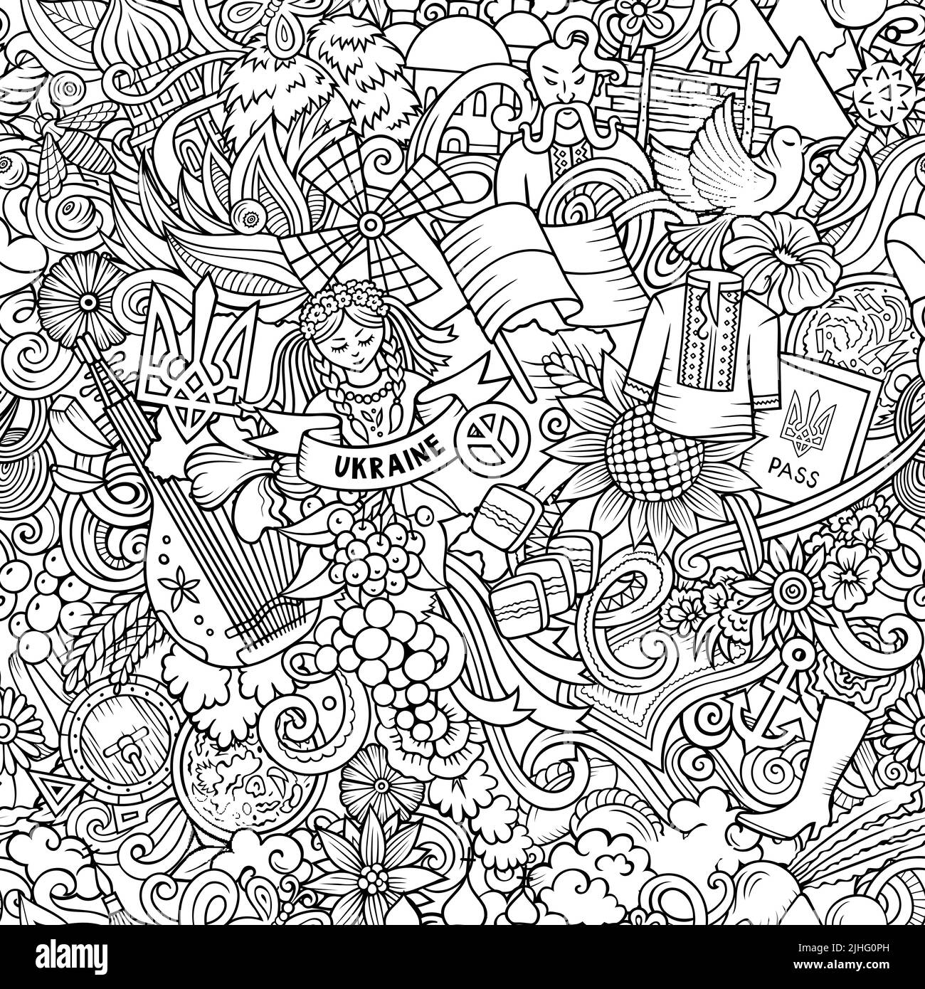 Cartoon doodles Ucraina modello senza soluzione di continuità. Sfondo con simboli e oggetti locali della cultura ucraina. Sfondo line art per stampa su tessuto, tessuto, g Illustrazione Vettoriale