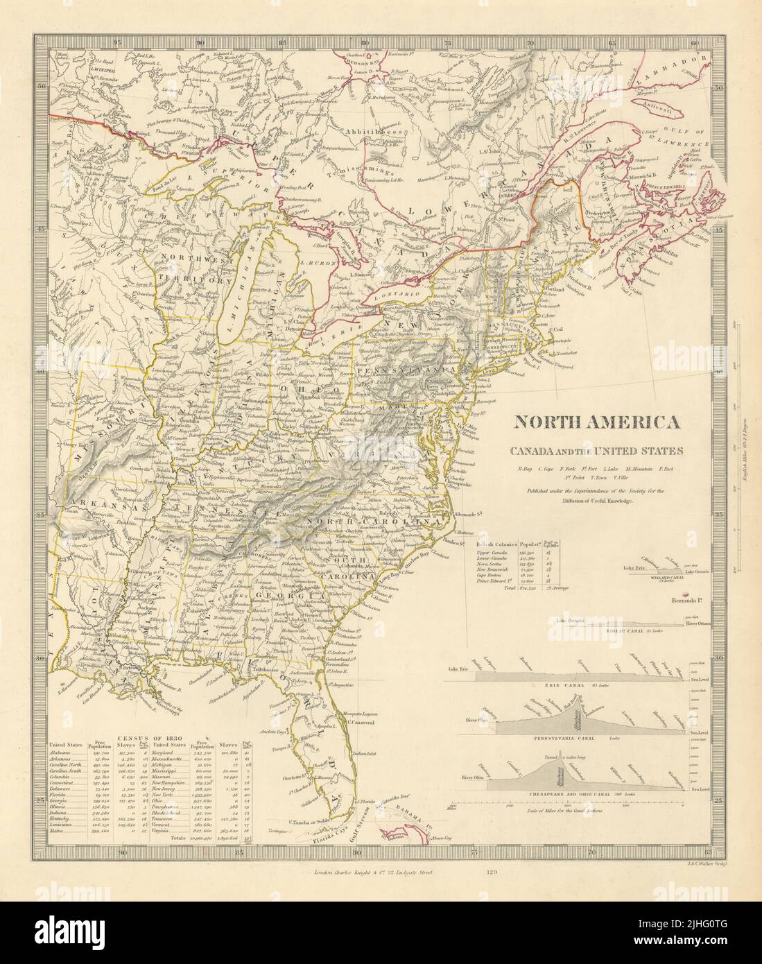 NORD AMERICA EST. Canada USA. Profili dei canali. Tabella censimento 1830. Mappa SDUK 1851 Foto Stock