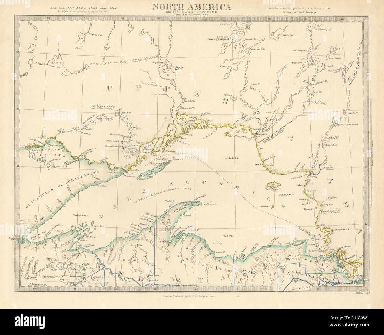 LAGO SUPERIORE. Canada USA Ontario Michigan. Post di commercio FUR. Mappa SDUK 1851 Foto Stock