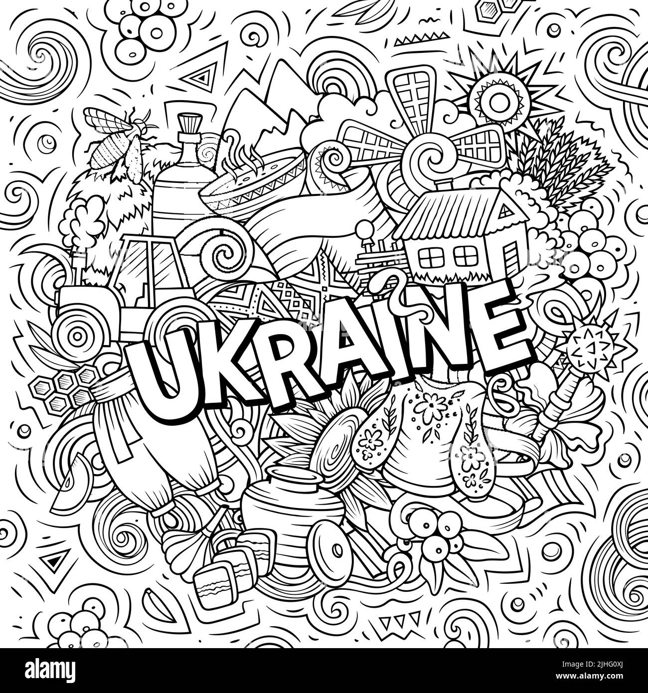 Ucraina illustrazione di fumetto disegnata a mano. Divertente disegno ucraino. Sfondo vettoriale creativo. Testo scritto a mano con elementi del Paese europeo a Illustrazione Vettoriale