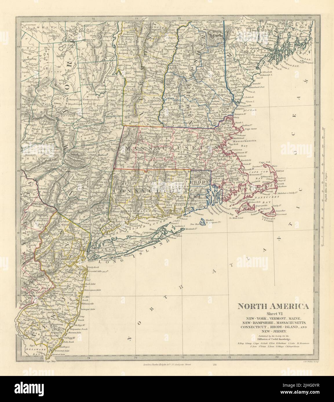 USA. New York Maine Massachusetts Connecticut New Jersey NH RI VT. Mappa SDUK 1851 Foto Stock
