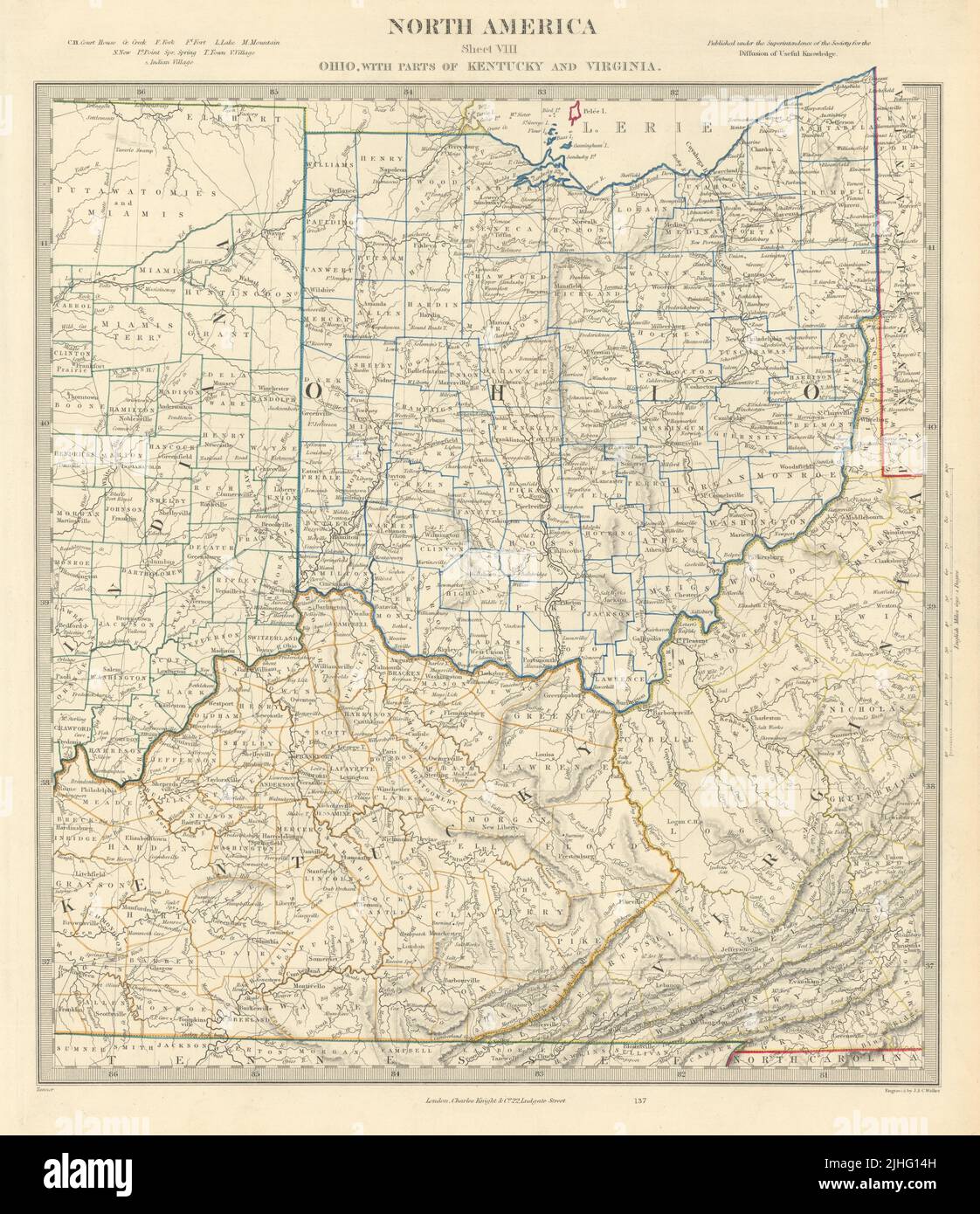 USA. Ohio con parti del Kentucky, Virginia e Indiana. Contee. Mappa SDUK 1851 Foto Stock