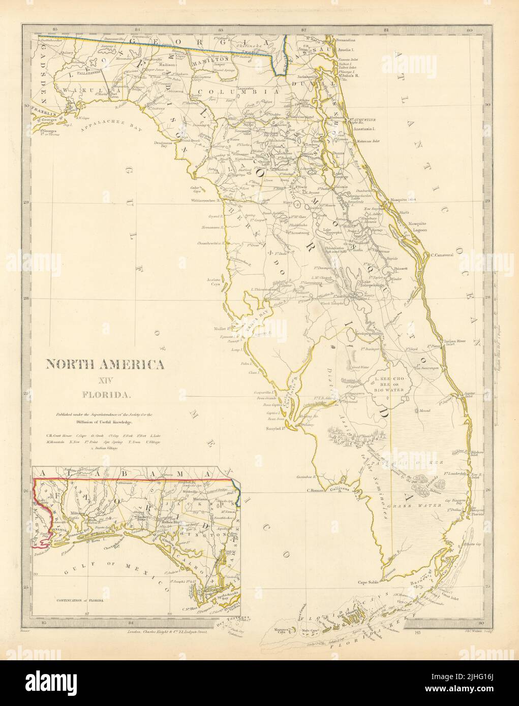 FLORIDA che mostra Seminole Indian District & Forts. Tasti. SDUK 1851 vecchia mappa Foto Stock