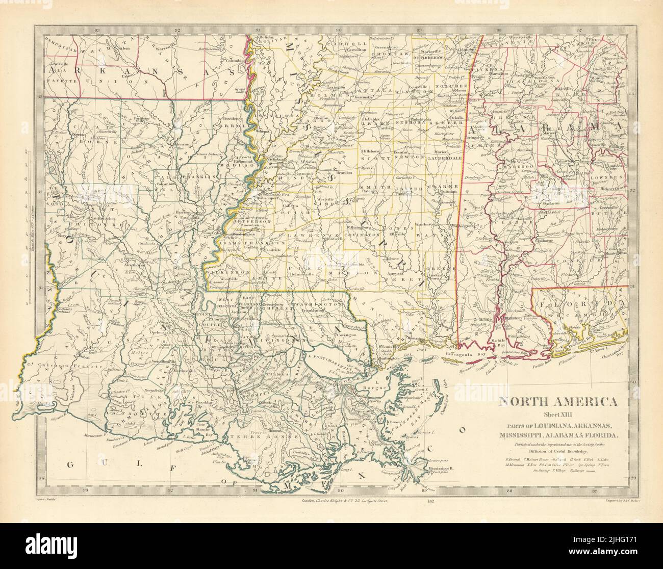 COSTA DEL GOLFO DEGLI STATI UNITI. Louisiana Mississippi, Alabama, Florida. Mappa SDUK 1851 Foto Stock