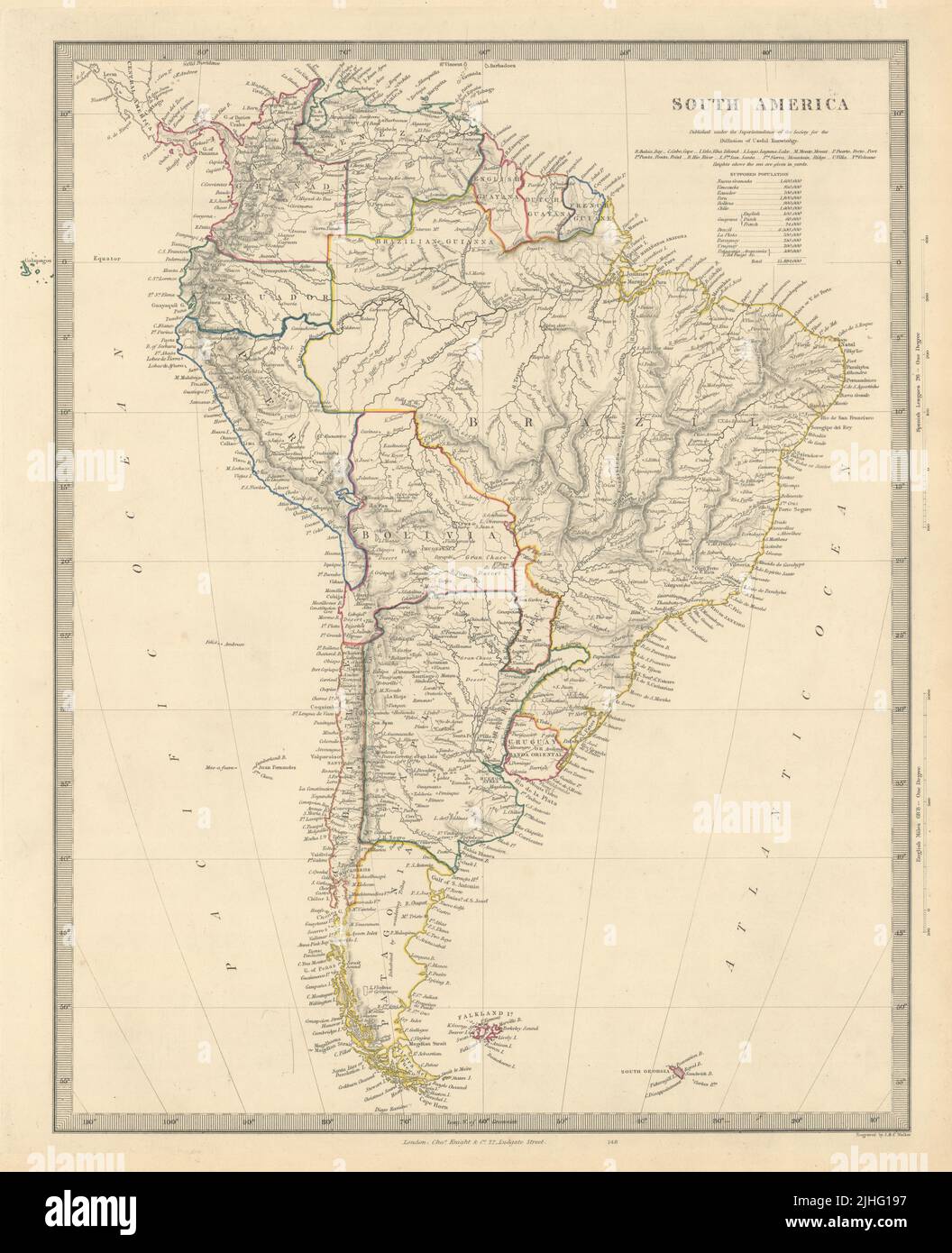 SUD AMERICA. Brasile Perù Bolivia con Litorale Patagonia la Plata. Mappa SDUK 1851 Foto Stock