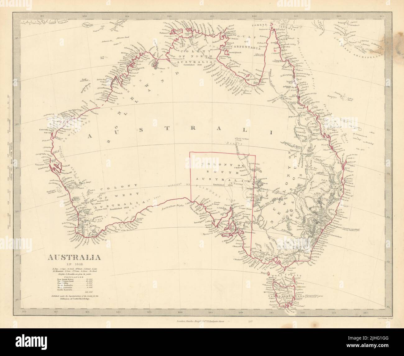 AUSTRALIA NEL 1846. Mostra le date stabilite dalle colonie. Popolazione. Mappa SDUK 1851 Foto Stock