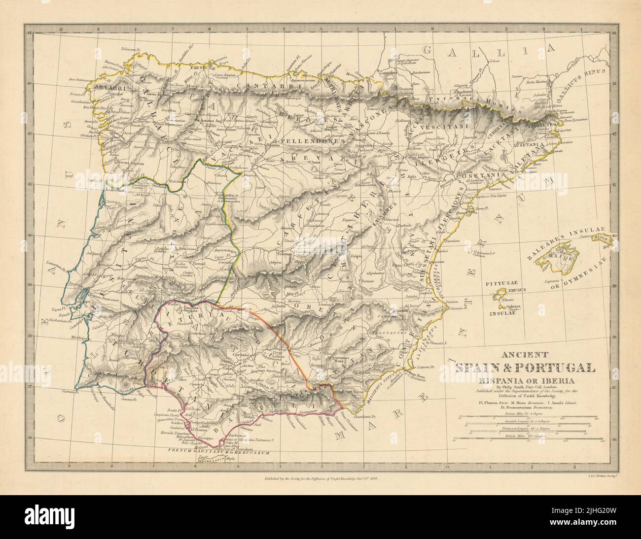 ISPANIA IBERIA. Spagna antica e Portogallo. Nomi e strade romane. Mappa SDUK 1848 Foto Stock