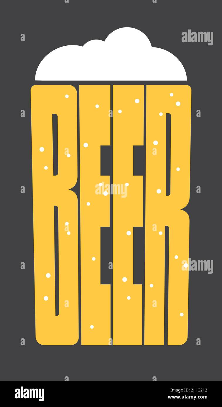 Design con pittogramma in vetro per birra. Illustrazione grafica di un bicchiere di birra fatto con le lettere che incantano la parola birra. Illustrazione Vettoriale