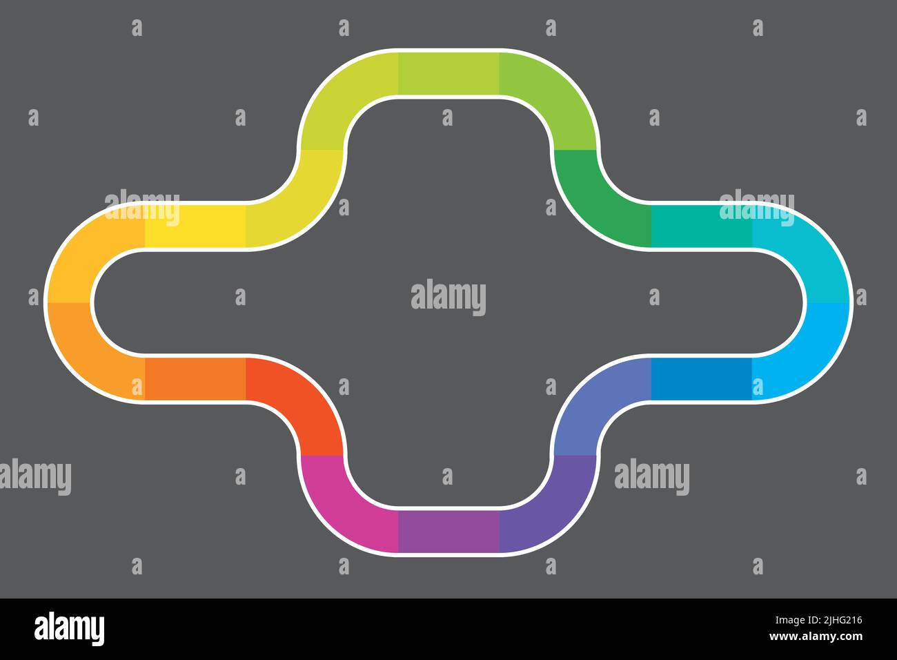 Design del percorso arcobaleno multicolore simile al tabellone di gioco. Illustrazione vettoriale del tracciato colorato su sfondo bianco, con inizio verde e stop rosso. Illustrazione Vettoriale