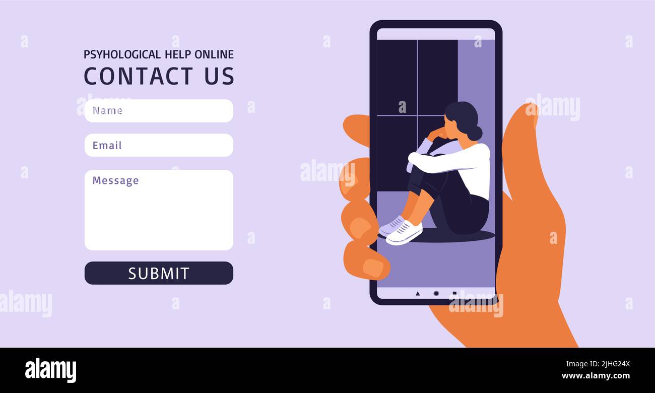 Contattaci modulo modello per il web. Depressione, salute mentale, stress ed emozione concetto per sito web design o landing web page. Illustrazione Vettoriale
