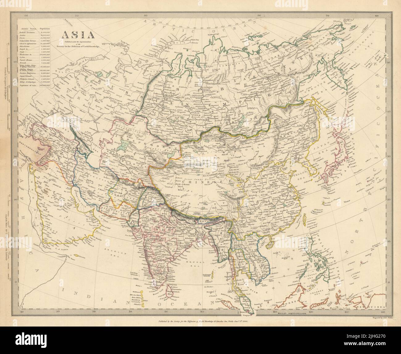 ASIA. India Arabia Persia Siam Cochinchina Tartario. Popolazione. Mappa SDUK 1844 Foto Stock