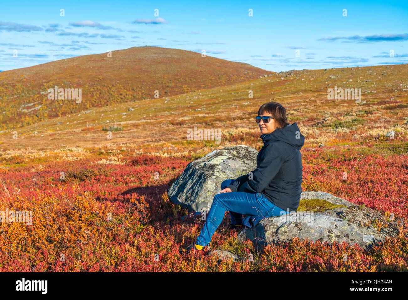 Donna seduta su una roccia sul Monte Dundret nella stagione autunnale con bei colori, Gällivare, Lapponia svedese, Svezia Foto Stock