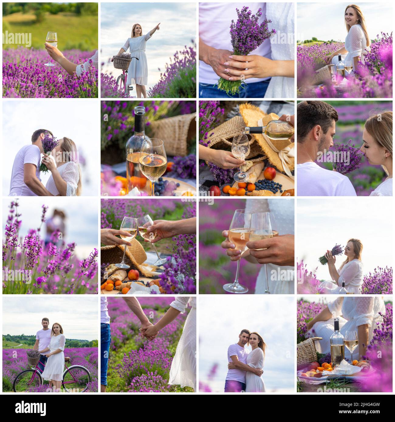 Donna e uomo insieme in un collage di campo di lavanda. Messa a fuoco selettiva. Natura. Foto Stock